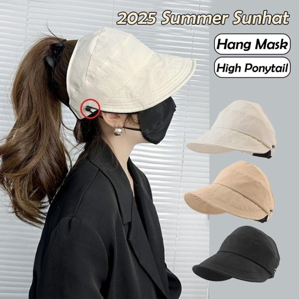 Foldable Sunshade Bucket Fisherman Hat Wide Brim Ponytail UV Sunscreen Adjustable Outdoor Beach Cap Summer Sunhat For Women Girl