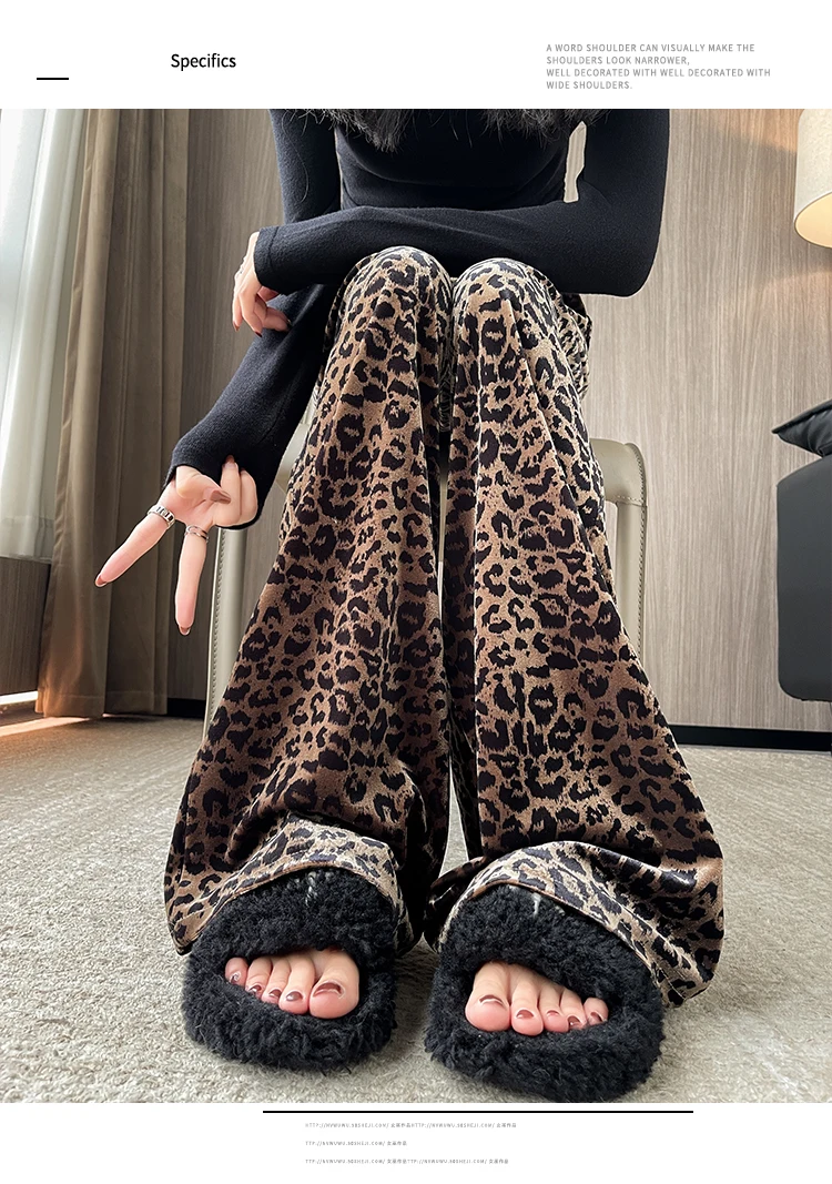 Herbst Klassische Leopard Print Lose Volle Länge Weibliche Breite Bein Hosen Mode Kordelzug Elastische Hohe Taille Casual Frauen Hosen – Detail 12