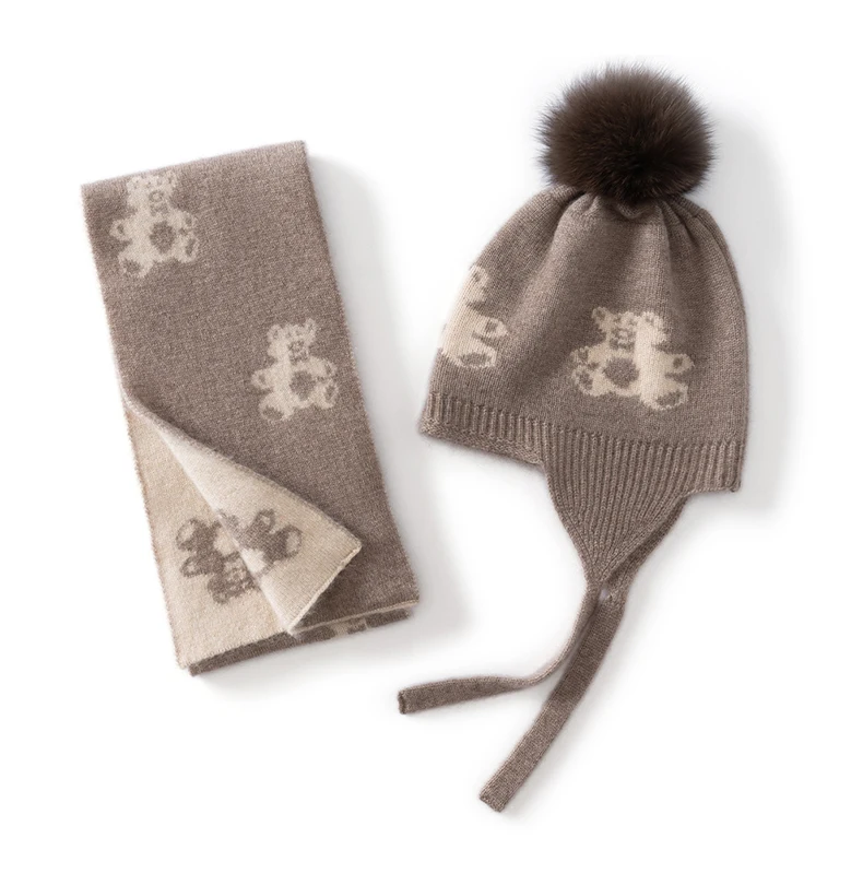 Herbst Winter Kinder Jacquard 100% Kaschmir Schal Bär Doppelseitige Farbe Block Warme Gestrickte Hals Wärmer Garn Schal – Detail 9