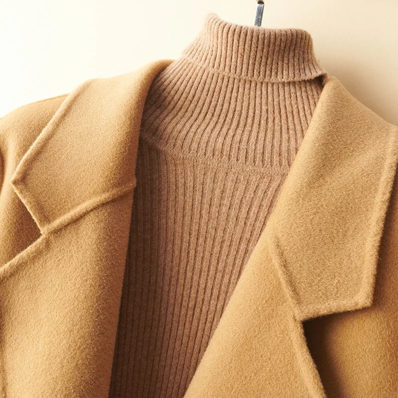 2023 Winter New Women Double-Sided Wool Overcoat Female Mid-Length Temperament Slim Fit Woolen Outwear Pure Color Casual Outcoat