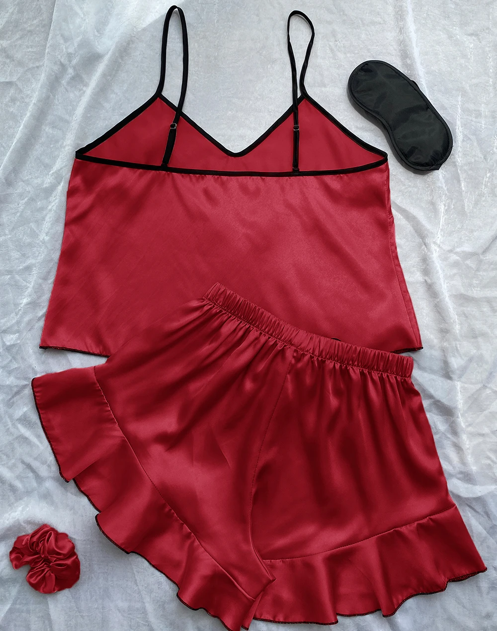 Comfortable Satin Silk Pajamas Sets for Women 2Pcs Ruffle V Neck Adjustable Straps Camisole Sleepwear Shorts Pjs Set Loungewear