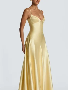 Butter Yellow Women Satin Slip Maxi Dress Elegant Spaghetti Strap A-line V Neck Waist-cinching Summer Lady Formal Evening Gown