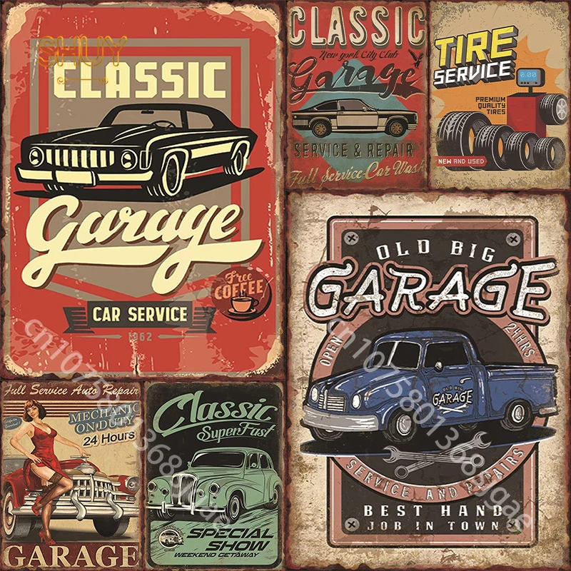 

Old-fashioned Car Wash Tire Service Metal Tin Signs Vintage for Bar Club Pub Garage Wall Decor Plaques Posters Home Decoration