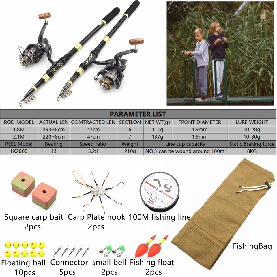 NEW 1.8m 2.1m Travel Carp Fishing Rod Set Spinning Rod and Spinning Reel  Lures Line Hook Fishing Tackle Bag Feeder Fishing