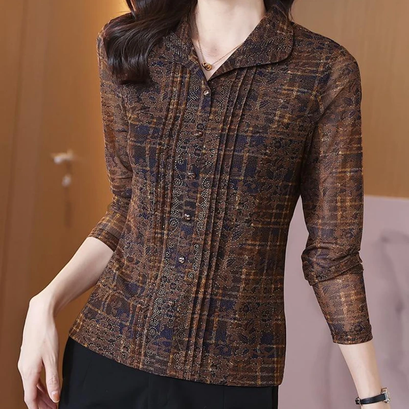 Women Spring Casual Pure Color Turn Down Collar Shirt 1
