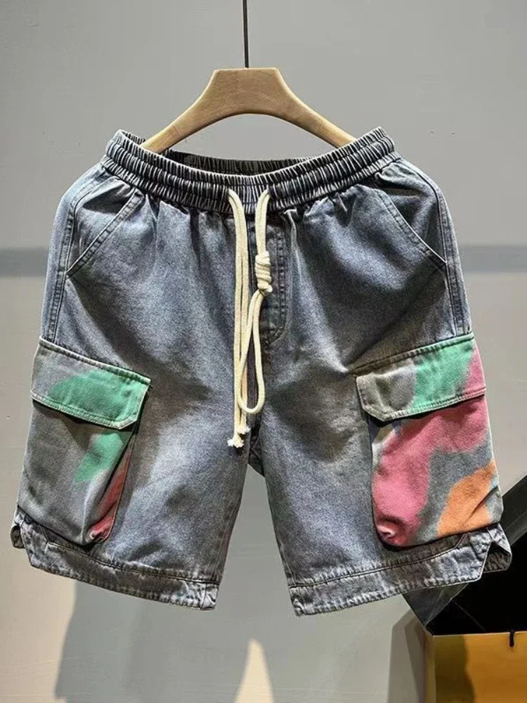 주머니가 달린 남성용 데님 반바지, 멀티 컬러 힙합 짧은 청바지, 스플릿 여름, 한국 패션, 루드 세일, 하라주쿠 