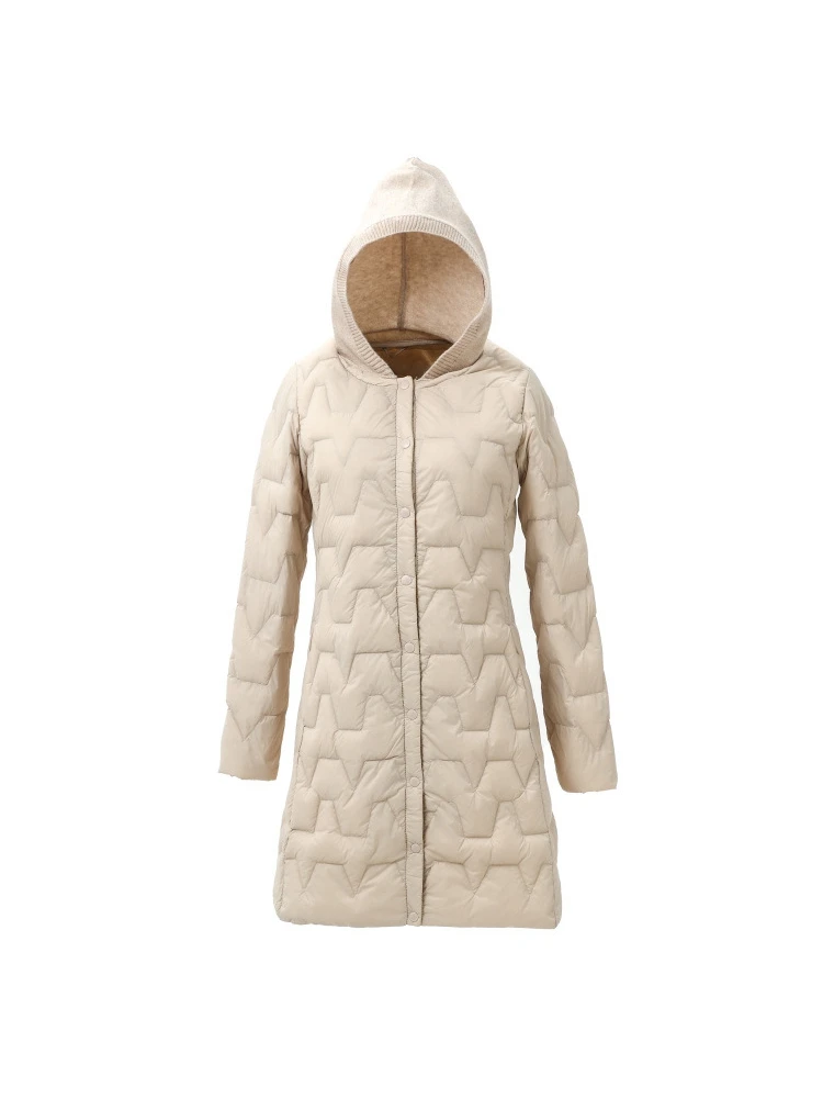

Winter Knitted Hood Midi Long Light Feather Jacket Women 90% White Duck Down Coat Windproof Sleeve Solid Color Outwear
