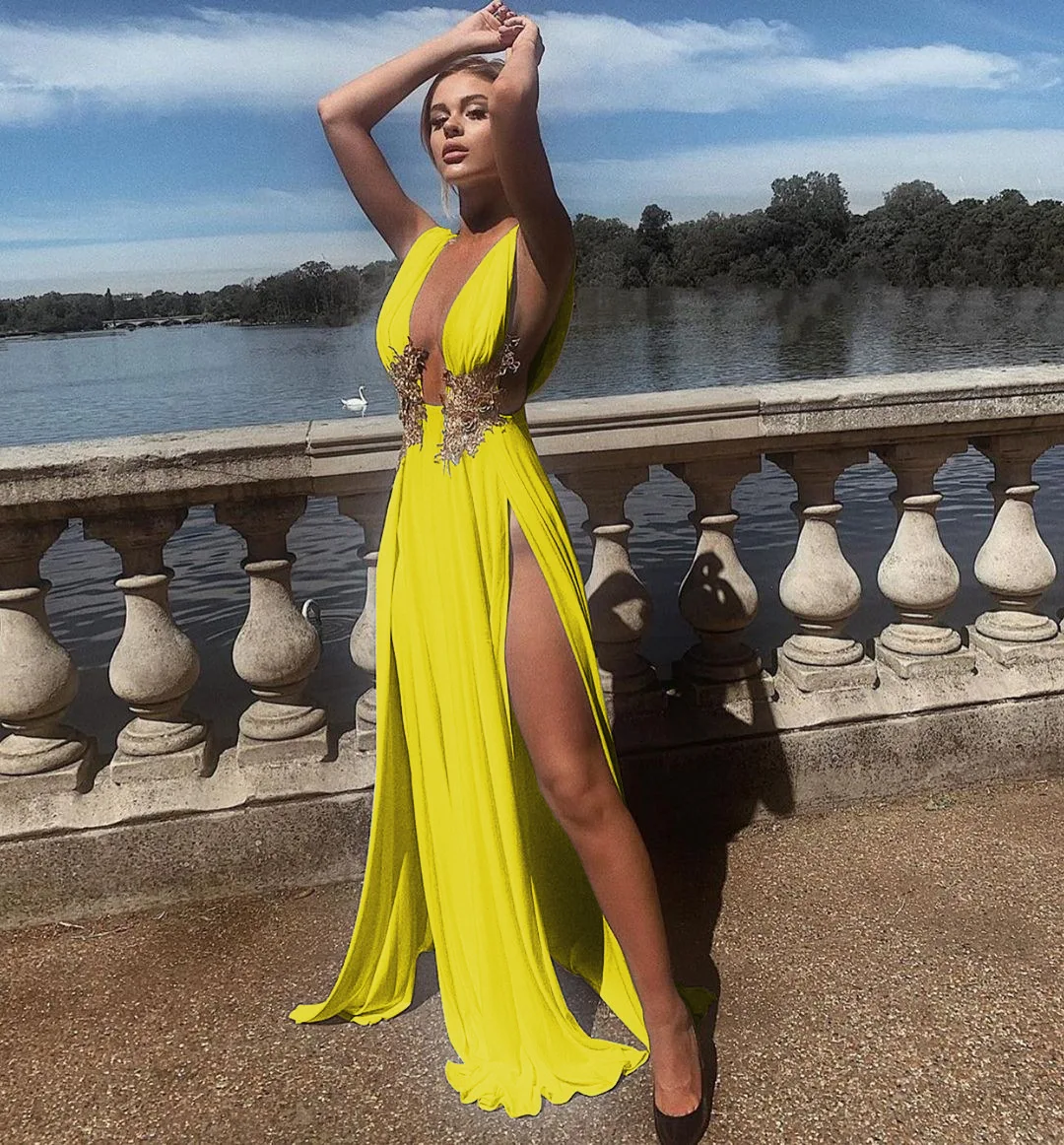 2022 Women Evening Party Dress Vestidos Long Maxi Dress Sexy Summer Deep V Neck Backless Dress High Slit Fashion Festival