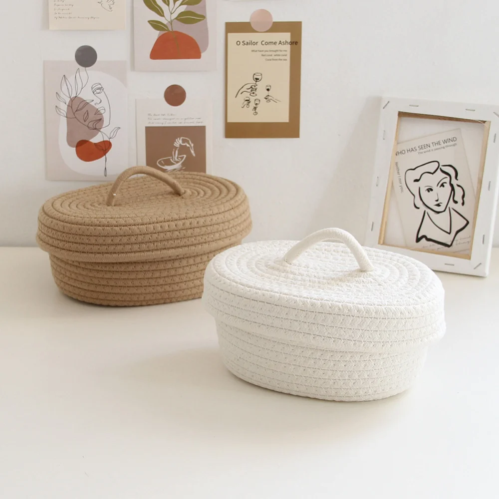 Oval Cotton Rope Woven Storage Baskets With Lid Kids Toys Desktop Organizer Sundries Storage Box Container Laundry Baskets