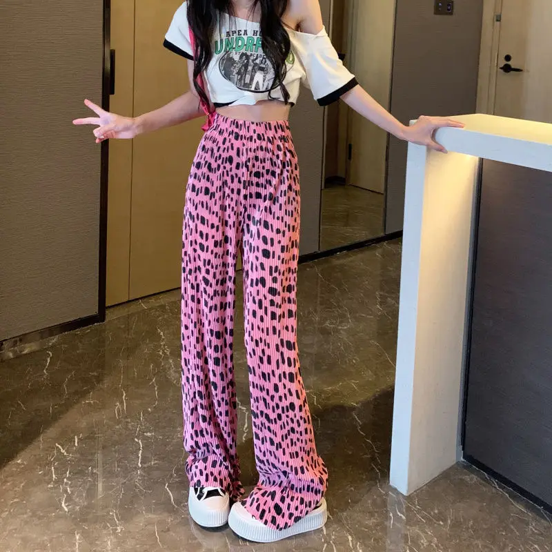 

Pink Leopard Print Women's Pants Loose Elastic High Waist Wide Leg Pants 2022 Summer Loose Pants for Women Y2k Clothes