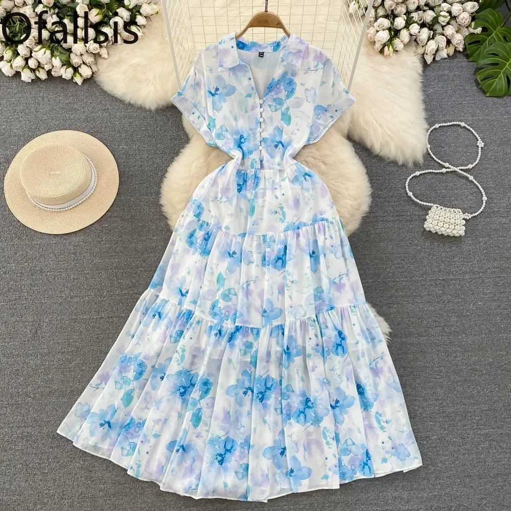

Ofallsis Gentle Style Floral Printed Long Dress 2023 Summer New French Retro Style Short Sleeved Lapel Waistband Thin Dresses