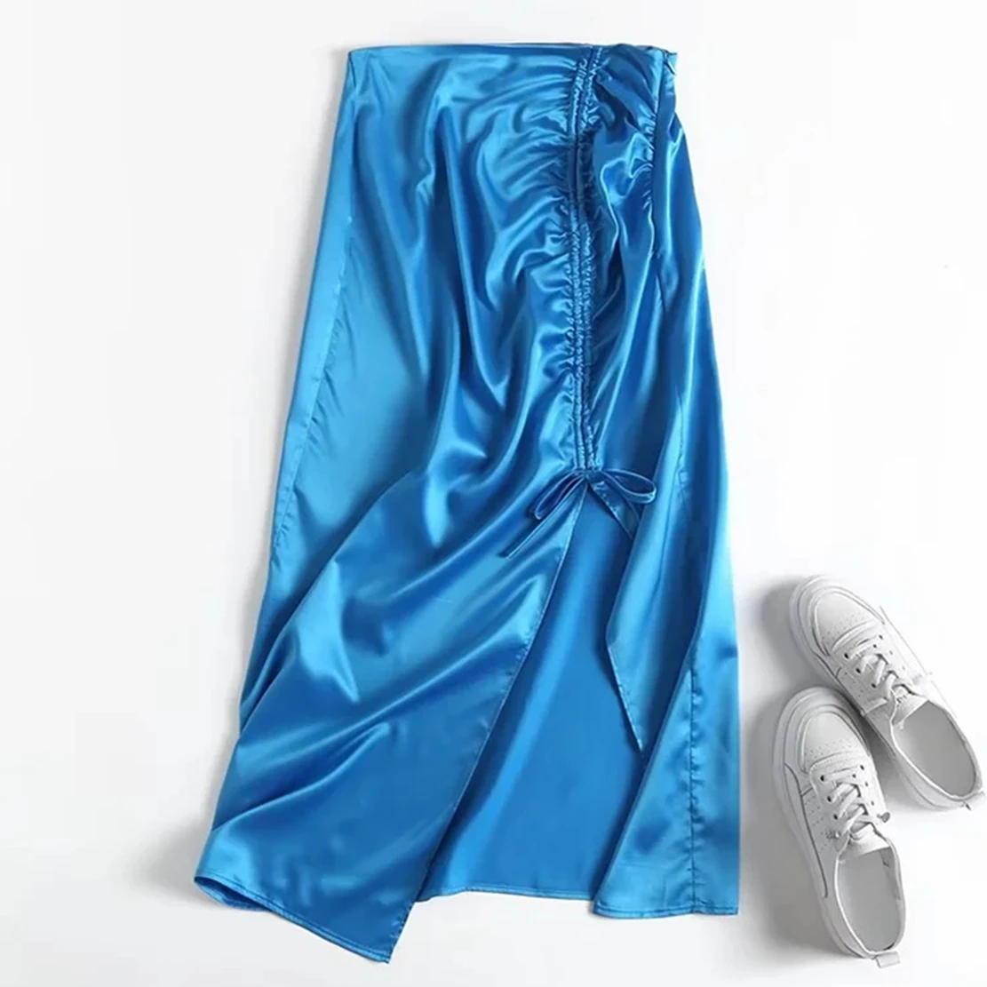

Jenny&Dave Enlgand Style High Waist Straight Fashion Satin Blue Skirts Women