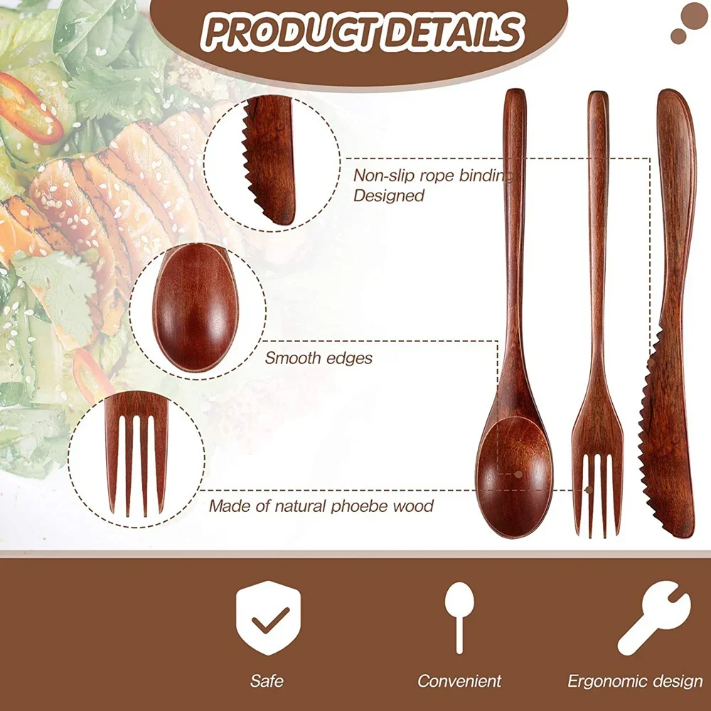 Wooden Cutlery Set Spoon Fork Cutter Reusable Flatware Portable Dinnerware Tableware Student Lunch Supplies
