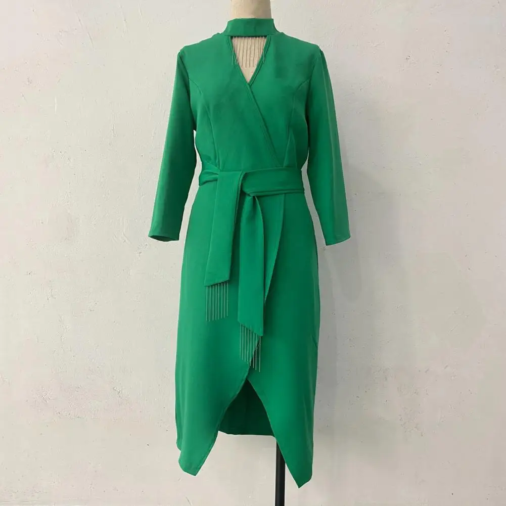 

Beach Party Dress Elegant Women's Business Dress with Three Quarter Sleeves Belted Waist Split Hem for Office Wear Professional