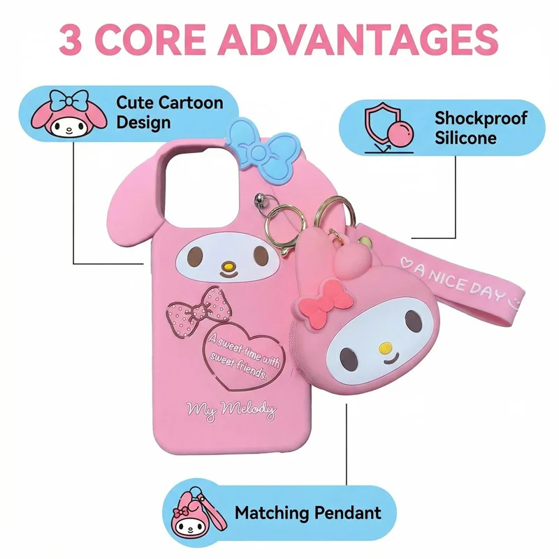 Cute Cartoon My Melody Silicone Phone Case with Key Chain