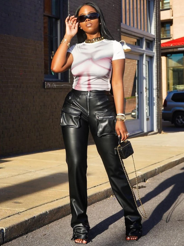 

Women Spring Autumn New Fashion Slimming Casual Straight Leg Pants Zipper Closure Street Style Slit Design PU Leather Pants