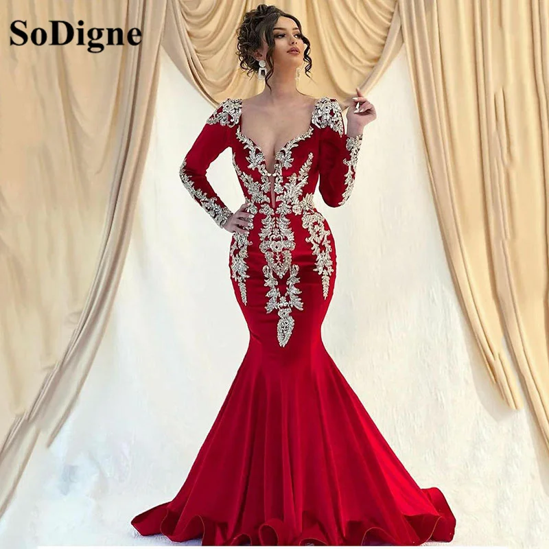 Prom Dresses Lace Long Sleeves Dresses Evening Long Velour Beaded