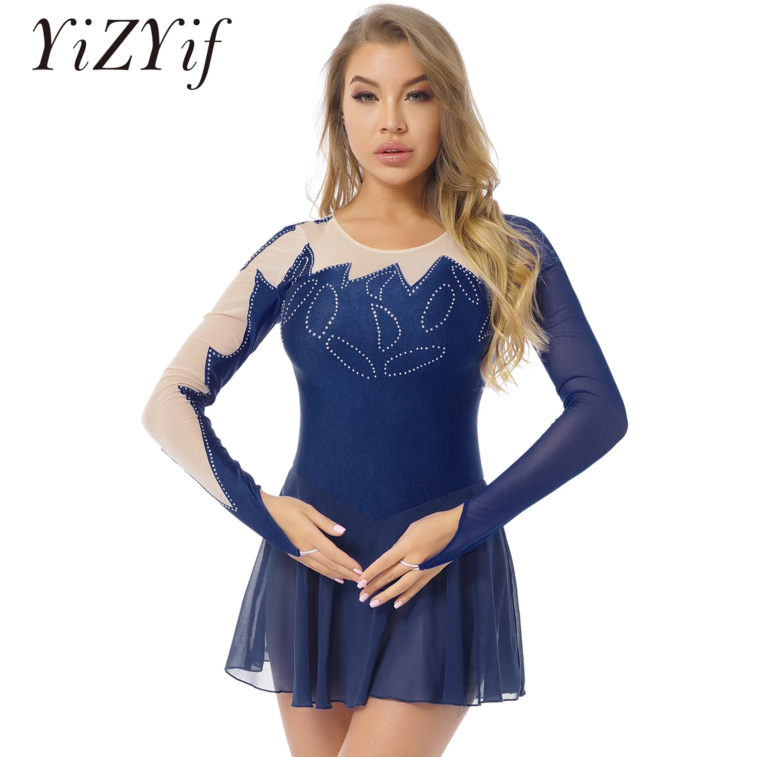 

Adult Women Figure Skating Dress Ballet Dance Dress Long Sleeve Mesh Rhinestone Gymnastics Leotard Stage Performance Costumes