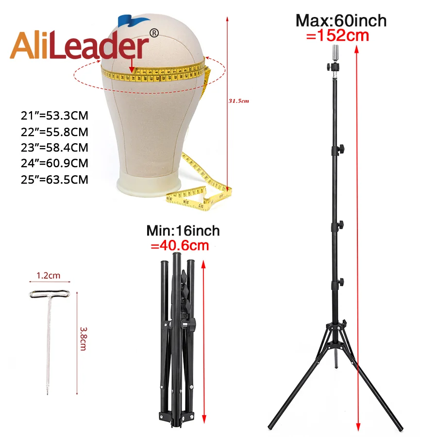 Alileader New 152Cm/64Cm Wig Stand Wig Tripod With Mannequin Canvas Block Head Adjustable Tripod Stand Wig Making kit TPins Gift