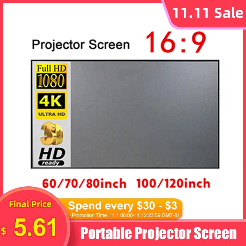 H60 60”/72''/84''/100''/120''portable Projector Screen Hd 16:9 White Dacron Diagonal Projection Screen Foldable Wall Mounted - Projection Screens - AliExpress