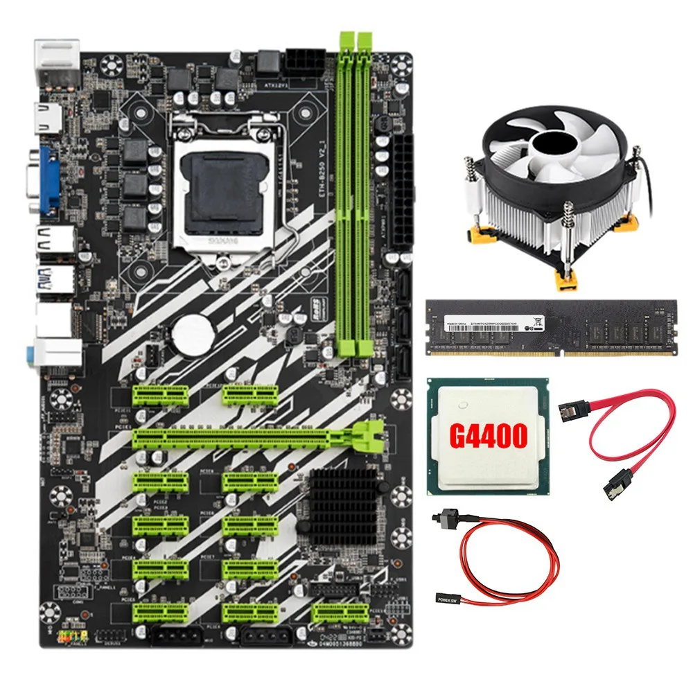 B250 Btc Mining Scheda Madre Con 4400Cpu + 8G Ddr4 Ram + Ventola + Cavo Sata + Cavo Switch 12 Slot Pci-E Lga1151 Ddr4 Ram Sata3.0