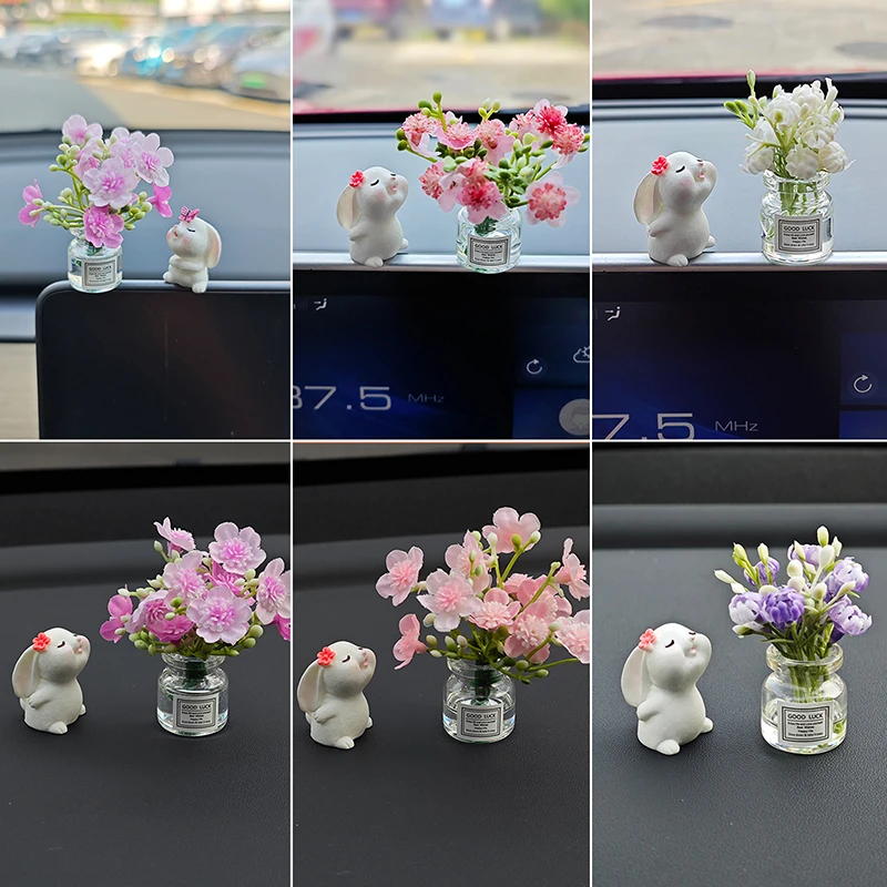 Charming Rose Flower Vase and Rabbit Car Decoration Ornaments