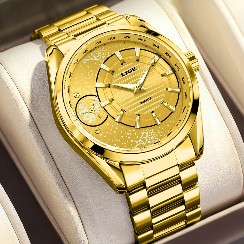 LIGE New Gold Globe Big Dial Watch Men Fashion Luminous Sports Men's Watches Waterproof Stainless Steel Quartz Chronograph Male