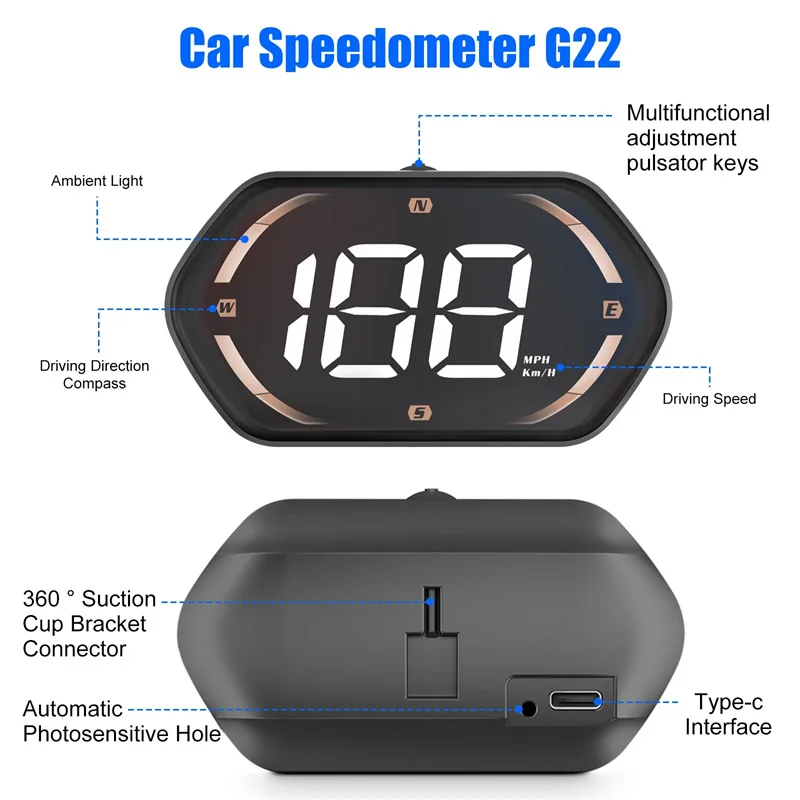 Display HUD G22 GPS per Auto, Proiettore Digitale di Velocità, Accessori Elettronici per Auto, Bussola e Tachimetro - immagine 5