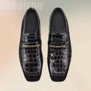 Mocassini con punta quadrata con stampa coccodrillo nero a catena in metallo moda Slip On scarpe da uomo lussuose scarpe eleganti da uomo fatte a mano da ufficio per feste 1