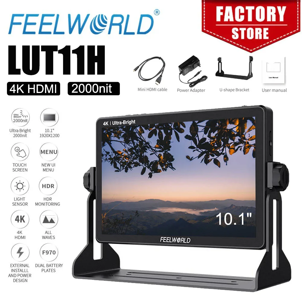 FEELWORLD 울트라 브라이트 DSLR 카메라 필드 모니터, 터치 스크린 풀 HD IPS 4K HDMI, 10.1 인치 모니터, LUT11H 2000nit