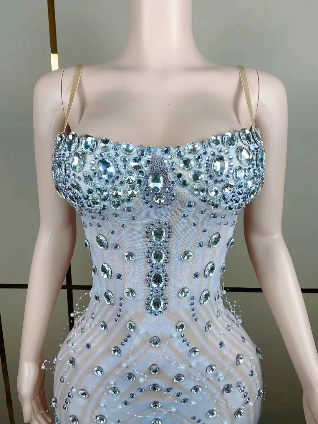 Sparkling Rhinestone High Side SlitWomen Dress Pearl Fringe Sleeveless  Halter Wear Wedding Party Singing Performance Costume - AliExpress