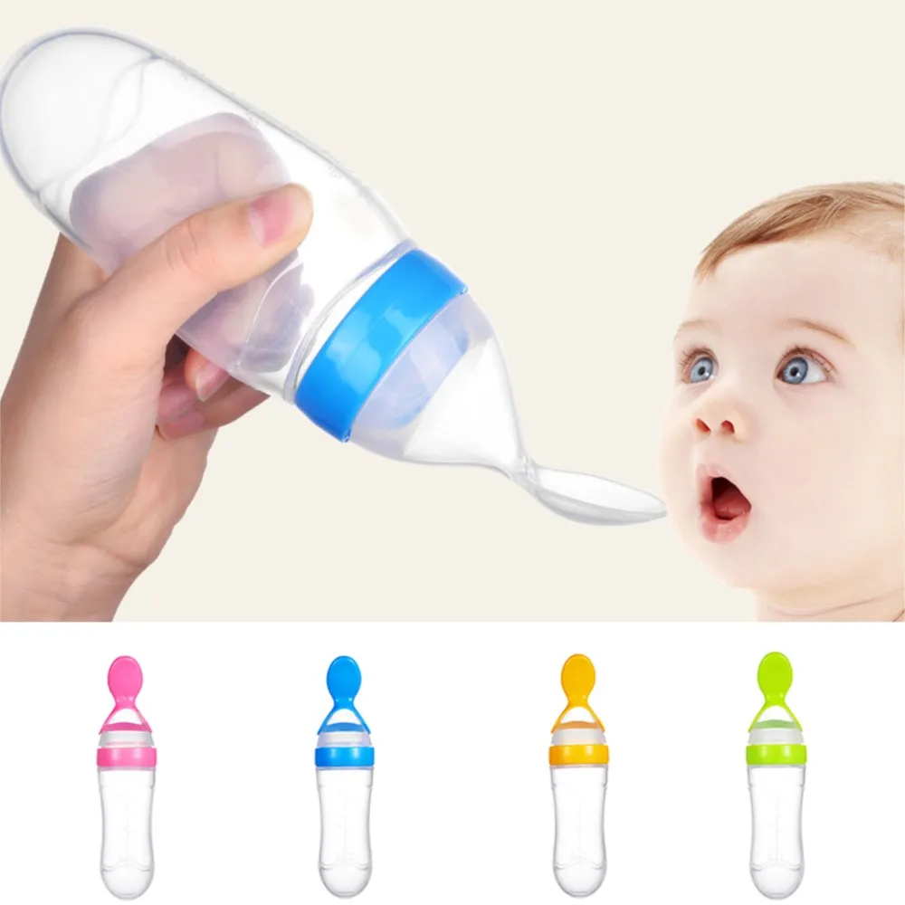 Baby Feeding Bottle With Spoon 90ml Silicone Newborn Infant Squeeze Spoon Toddler Food Supplement food Cereal Bottle Milk Feeder 2