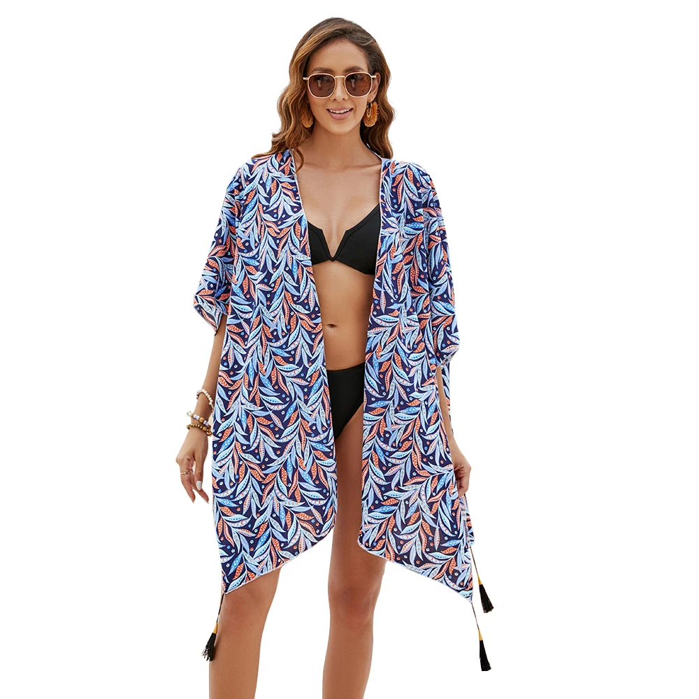 Women's Summer Chiffon Cardigan Lady Holiday Bikini Blouse Sun Protection Shawl Breathable Leaf Pattern Beach Cape Sexy Cloak