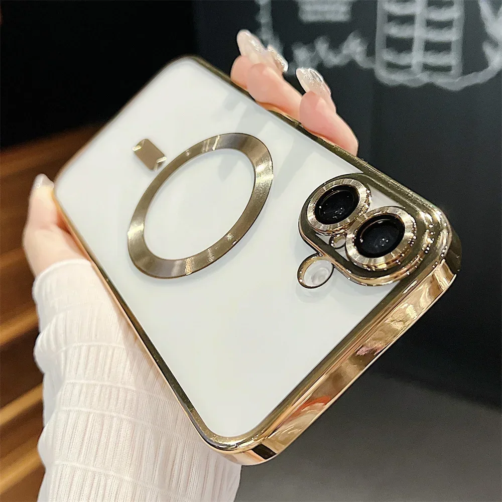 For Magsafe Transparent Case for iPhone 11 12 13 14 15 16 Pro Max Plus 12 13 Mini With Glass Lens Film Shockproof Soft Cover_voghion.com