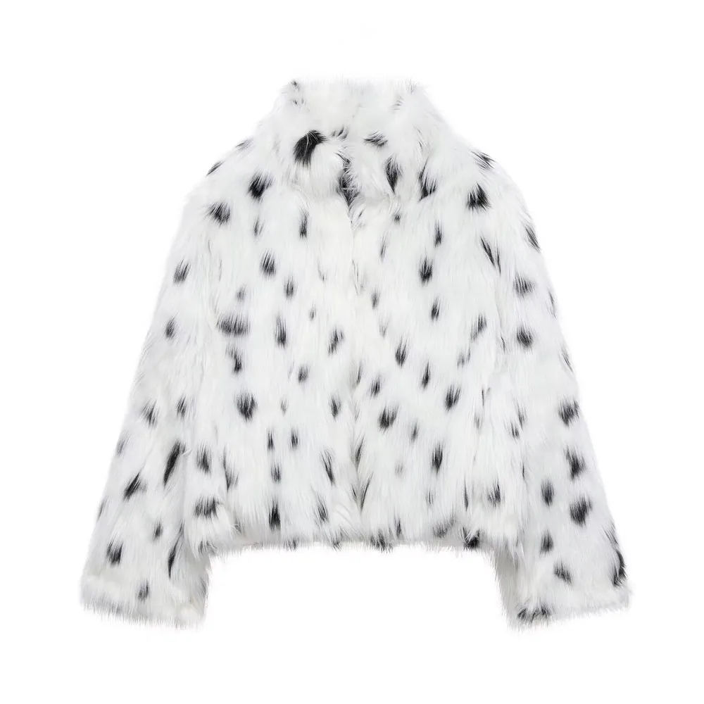 Description Picture 3 of itemTRAFZA Women Winter Spotted Print Coat Fashion Long Sleeve Casual Loose Overcoat Female Pocket Design Keep Warm Overcoat Mujer