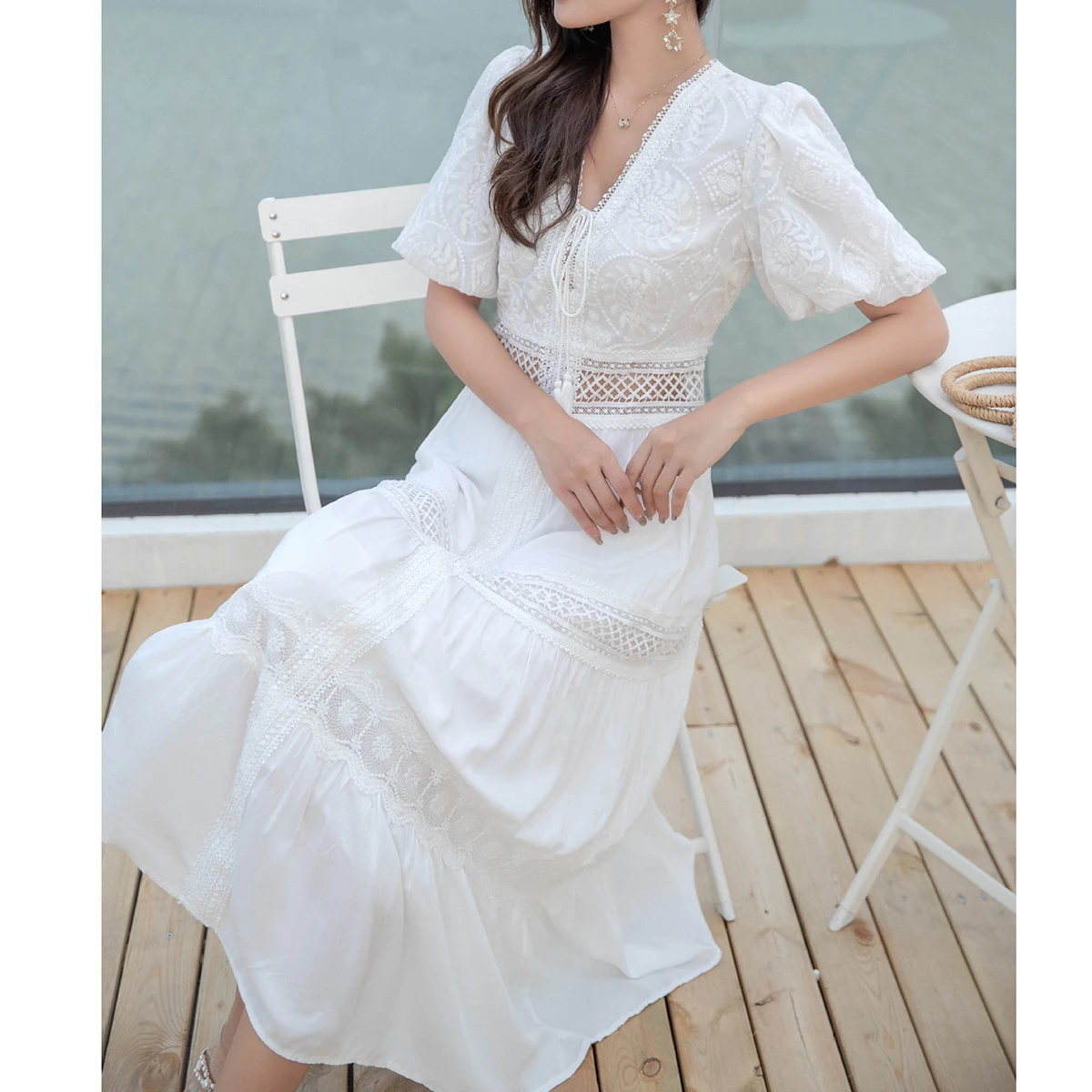 

Jastie 2022 весеннее летнее пляжное платье для отпуска французское Ретро Кружевное Платье макси с вышивкой женское платье с v-образным вырезом и пышным рукавом Vestidos