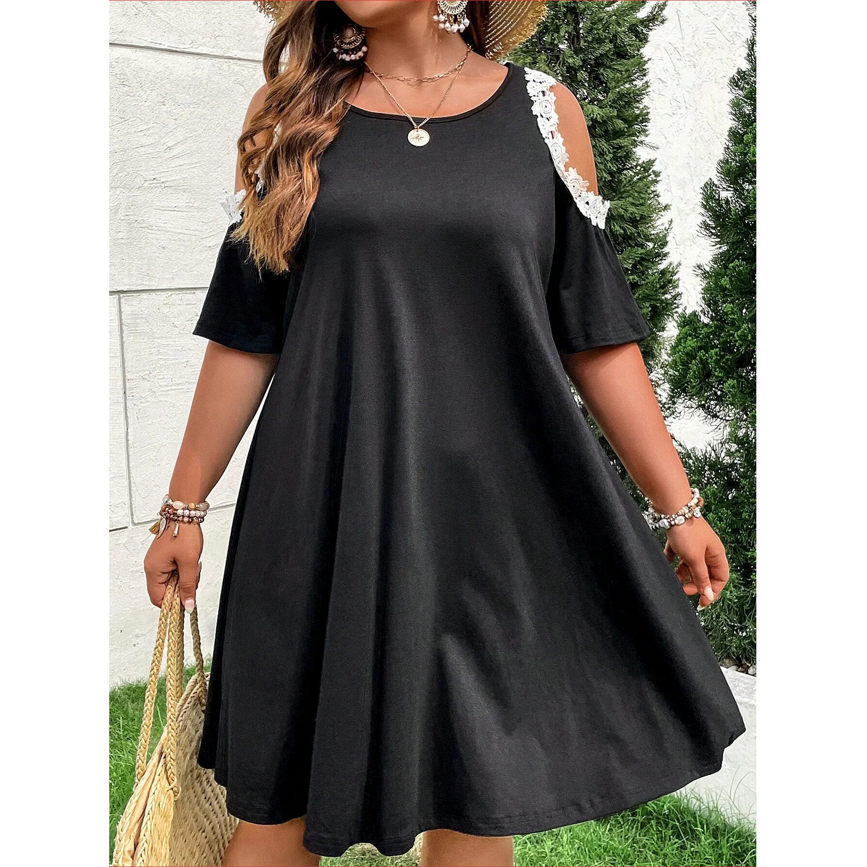 Solid Color Dress Plus Size Women Clothing Lace Dresses Short Sleeves Summer dresses 2024  Elegant Black Over Size Dress Clothes deenor plus size black lace dress for women 2021 summer v neck wrap hip skirt elegant dresses casual female clothing