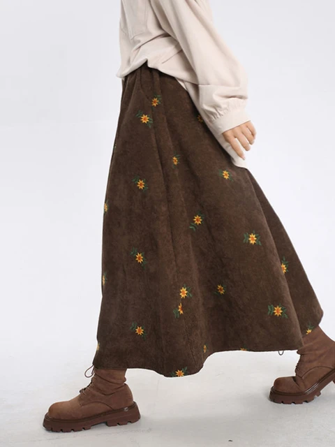 Korobov Vintage Brown Corduroy Skirts for Woman Faldas Autumn Embroidered Floral A-line Skirt Sweet Age Reduction Long Dress 1