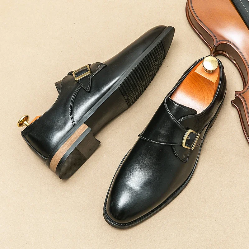 European Station Men  New Lefu Pointed Leather Shoes Side Buckle Casual Fashion Black Brown Sizes 38-46 Men  Shoes