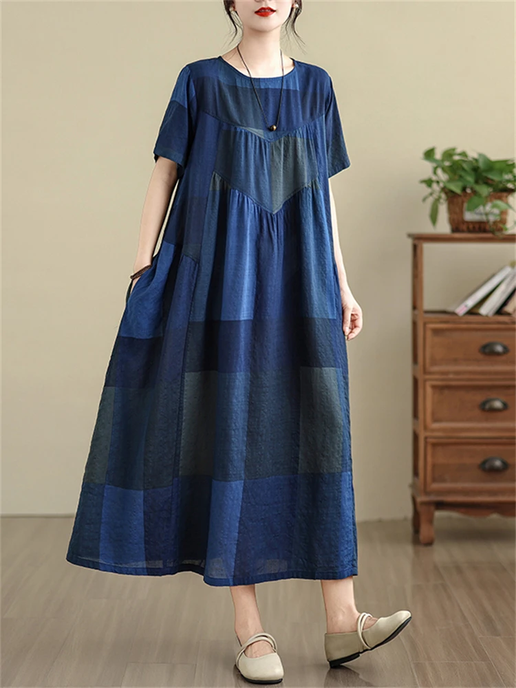 Summer Cotton Vintage Casual Loose Blue Plaid Dresses For Women Short Sleeve Dress Femme Vestidos Elegant Fashion Long Clothing