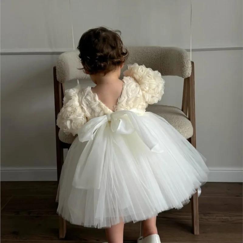 طفلة الأميرة ثلاثية الأبعاد زهرة توتو فستان نفخة الأكمام الرضع طفل في سن المراهقة تول فيستدو حفل زفاف مسابقة ملابس الطفل 1-12Y