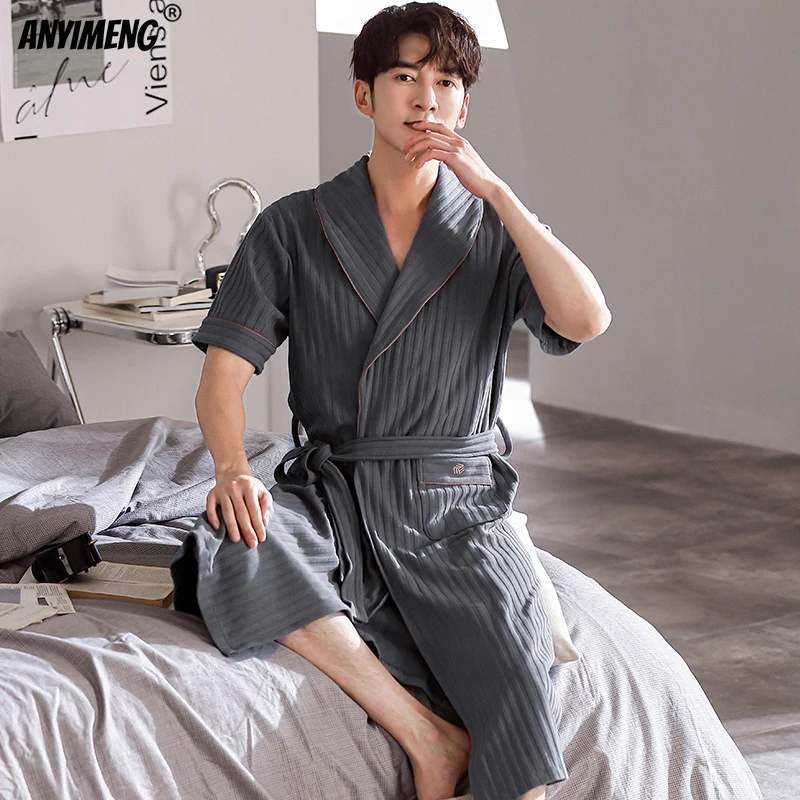 

2023 New Summer Men's Soft Cotton Bathrobe Dark Grey Half Sleeve Solid Robe Big Size 4XL Fashion Elegant Kimono for Gentleman