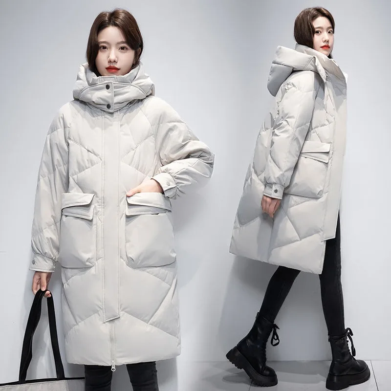 2023 New Women Down Jacket Winter Coat Female Mid Length Version Parkas Loose Thick Warm Outwear Leisure Time Hooded Overcoat