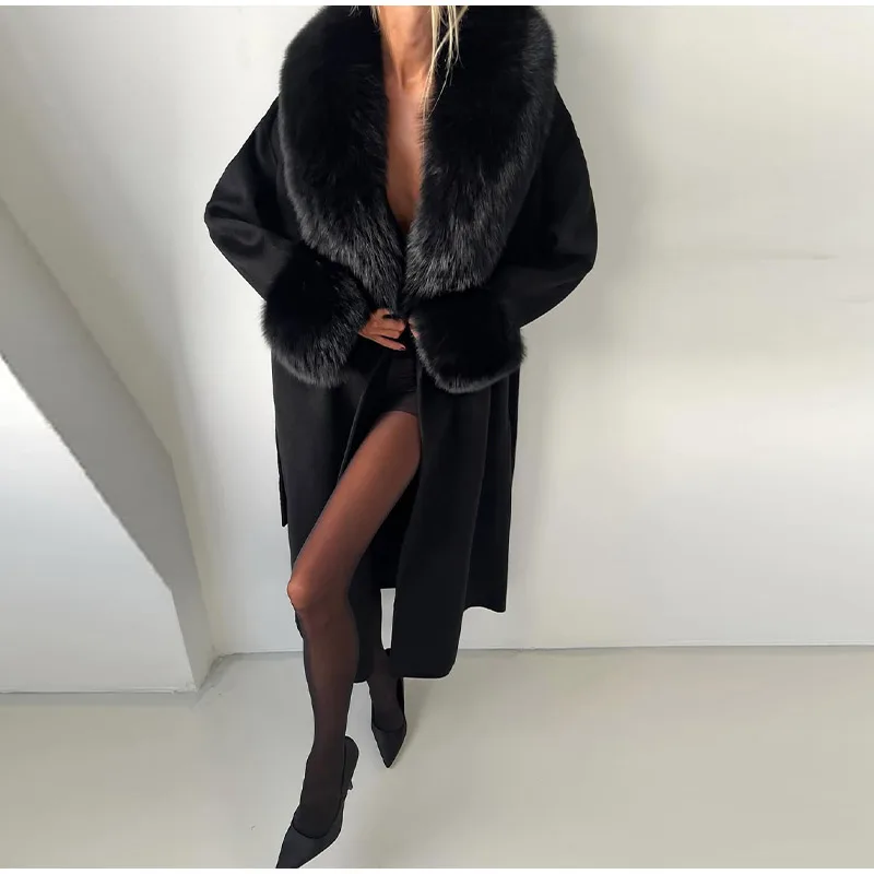Damen-Brochen-weißer langer Wollpelzmantel, großer Pelzkragen, Gürtel, volle Ärmel, Mantel, 2025, Herbst, elegante, luxuriöse Damen-Oberbekleidung – Detail 19