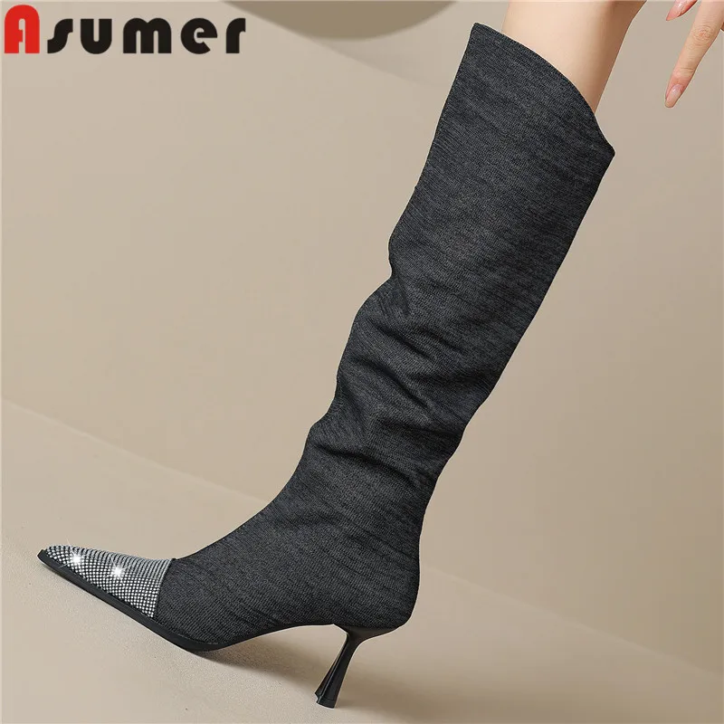 

Женские джинсовые плиссированные сапоги до колена, с острым носком