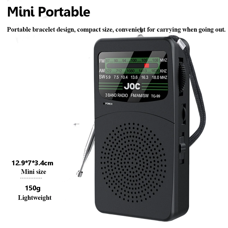 Portable Full Band Radio Mini FM AM SW Radios Receiver with High Power Speaker Support LED Light Wired Headset 2*AA Batteries