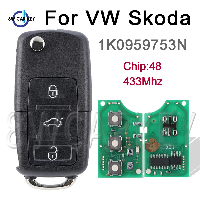 Flip Car Remote Key for Volkswagen VW PASSAT B5 B6 Skoda CADDY GOLF JETTA Tiguan POLO Smart Key 1K0959753N ID48 Chip HU66 433Mhz car remote key car key