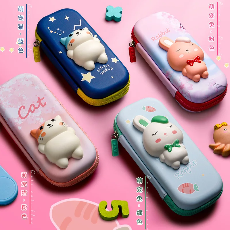 Adorable 3D Pencil Case Stationery Organizer School Supplies for Girls EVA Pink Pen Pouch Holder Kawaii Eraser Bag Squishy Cat