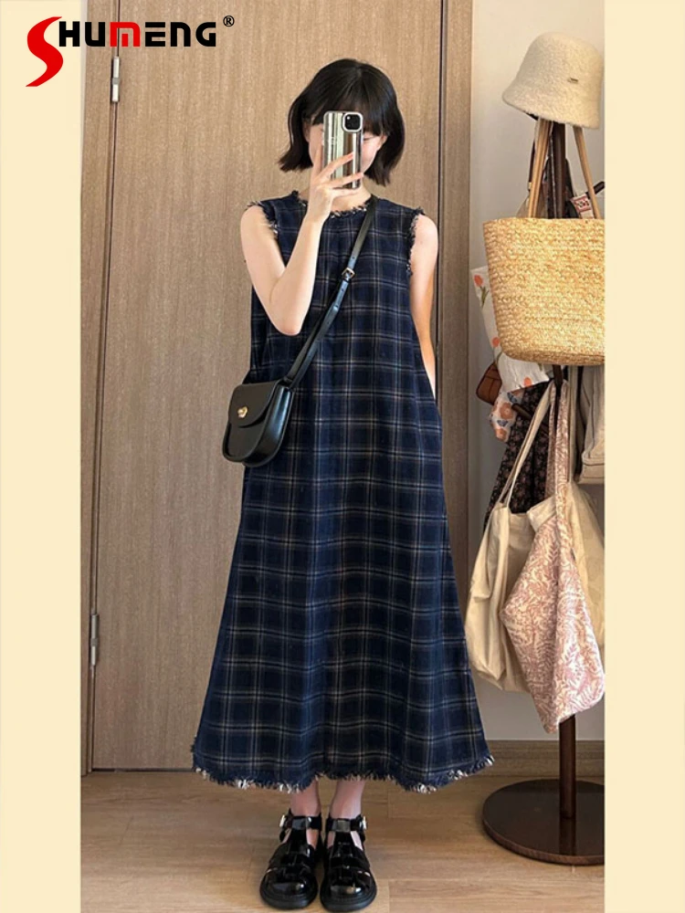 

Japanese Style Retro Blue Plaid Tassels Sleeveless Round-Neck High Waist Back Lace-up A- Line Vest Long Dress Women Summer 2024