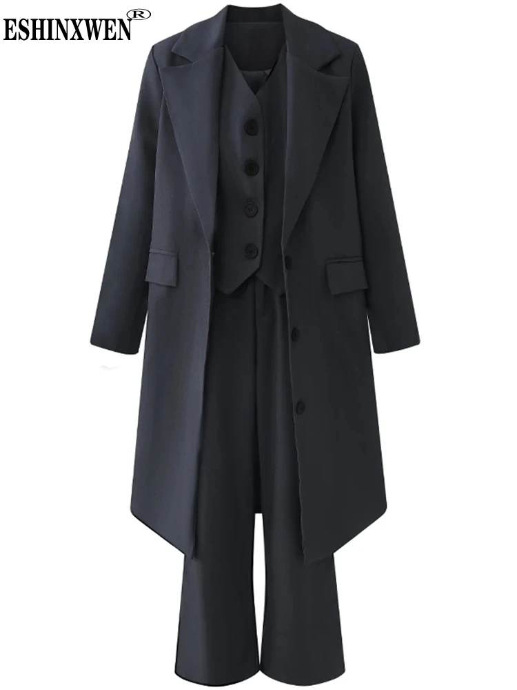 

Eshin V Neck Slimming Vest Solid Three Piece Sets For Women Notched Collar Long Sleeve Coat Loose Pant Chic Female TH5776